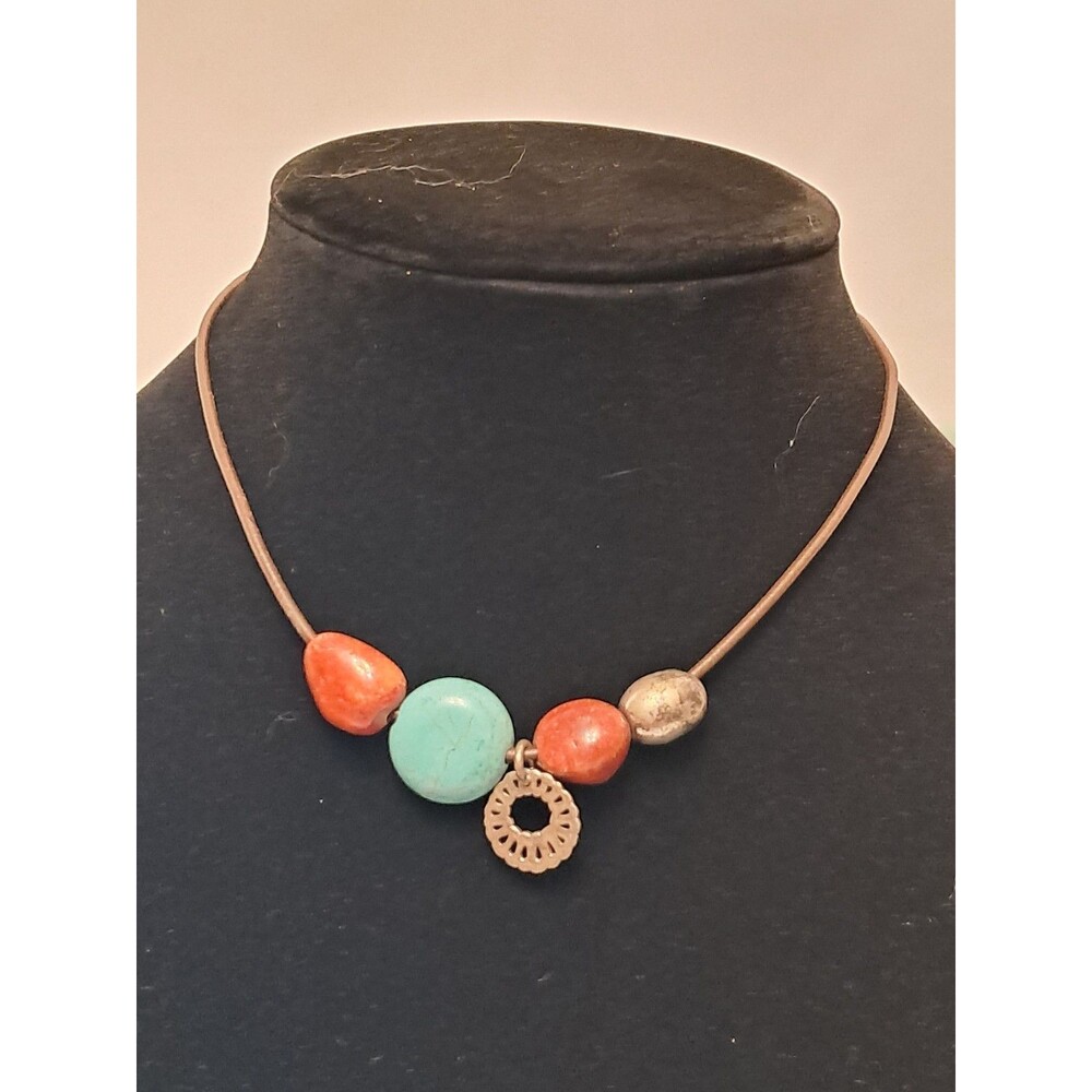 NWT Peyote Bird Silpada Turquoise Coral Silver Beads Leather Choker Necklace 15"